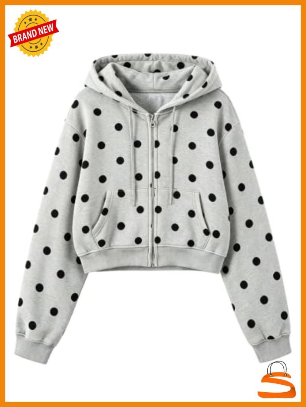 Fleece Lined Zip Up Polka Dot Crop Hoodie Drawstring Sweatshirt